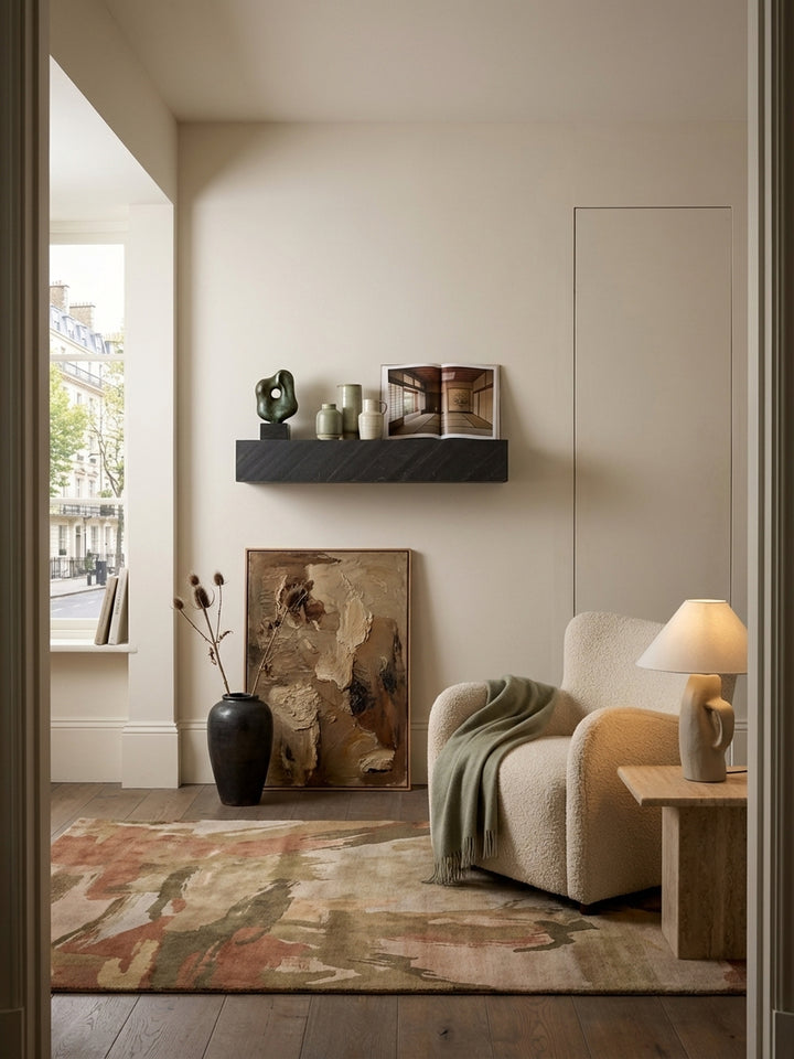 Das anthrazitfarbene Wandregal in Steinoptik als zentrales Element in einem modern eingerichteten Flur, montiert über einer Holzbank._