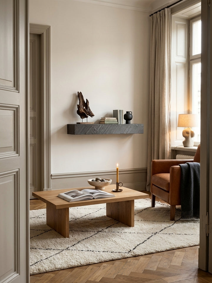 Ein modernes Wandregal in Steinoptik, montiert in einem hellen Wohnzimmer mit beigen Wänden und Eichenparkett, schafft stilvollen Stauraum für Deko._