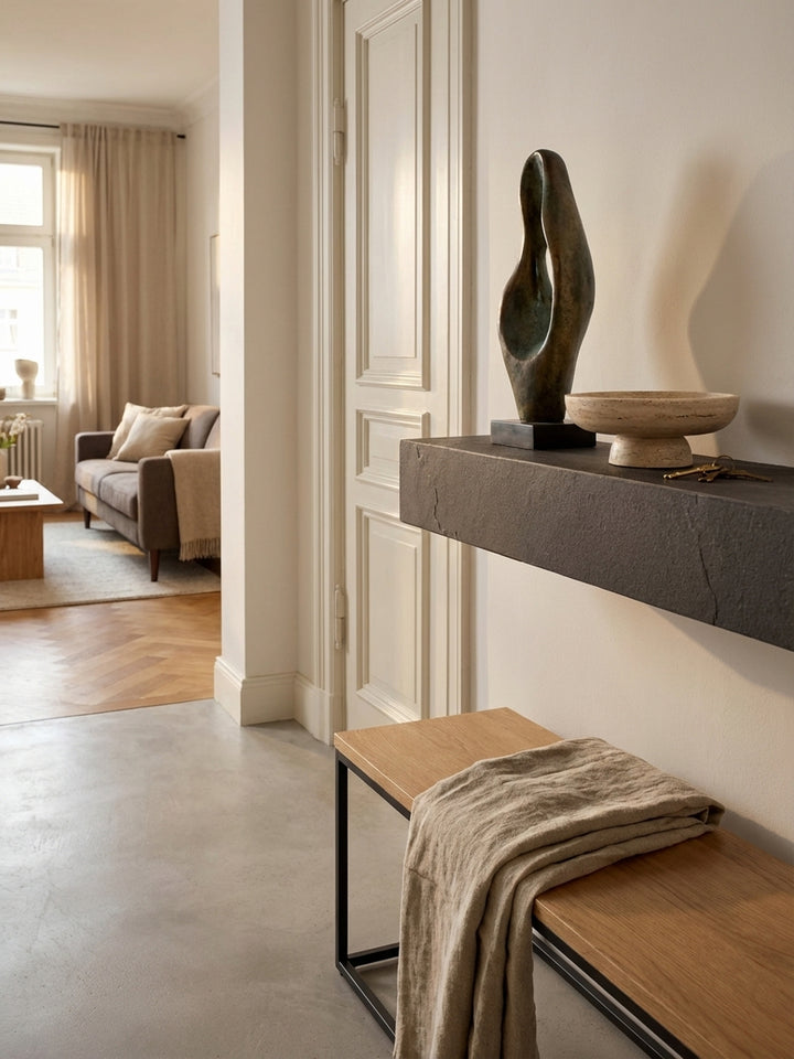 Detailaufnahme der 3D-Oberfläche eines Hängeregals, die die raue, matte Textur von echtem Schiefer in Anthrazit nachbildet und für eine taktile Haptik sorgt._