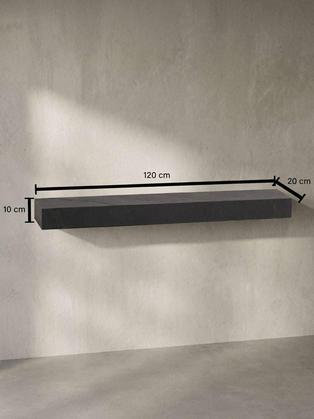 Technisches Bild des Wandregals mit genauen Maßen: 120 cm Breite, 10 cm Höhe und 20 cm Tiefe, für die exakte Wandplanung im Zuhause._