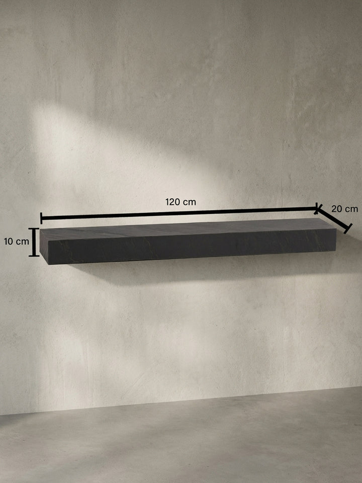 Technisches Bild des Wandregals mit genauen Maßen: 120 cm Breite, 10 cm Höhe und 20 cm Tiefe, für die exakte Wandplanung im Zuhause._