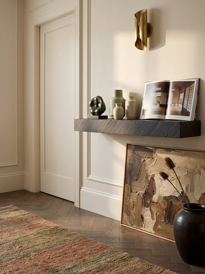 Detailansicht des anthrazitfarbenen Hängeregals mit einer Sukkulente im Topf und einem Wecker, die eine wohnliche Atmosphäre schaffen._