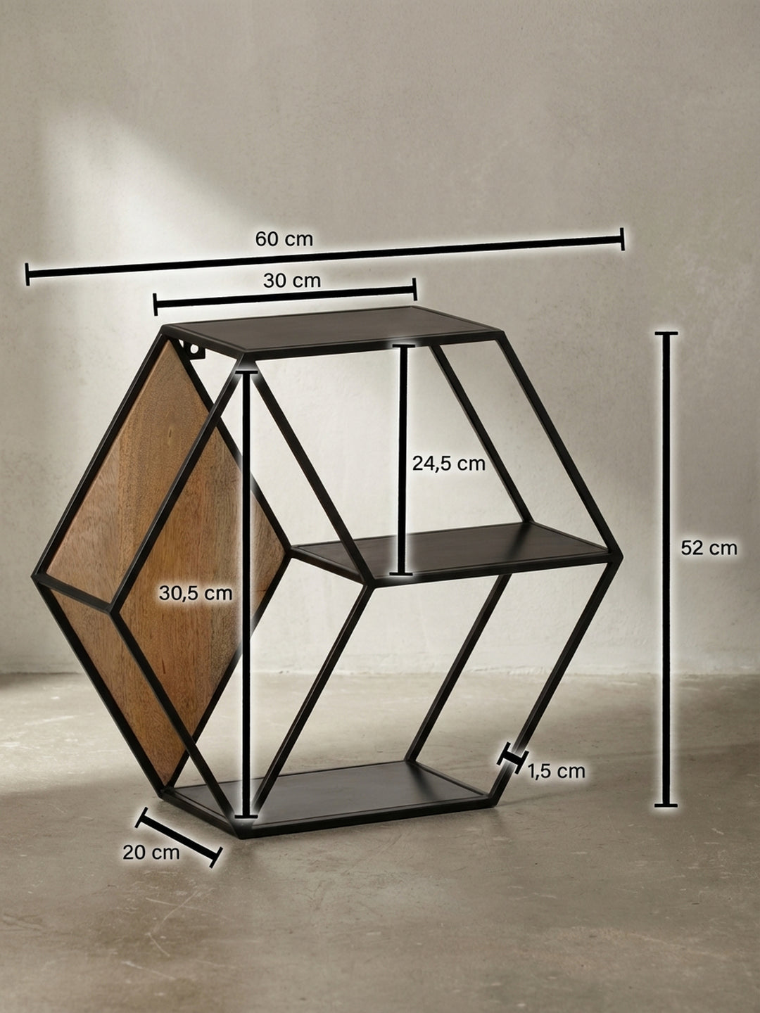 Technisches Maßbild des Wandregals mit allen exakten Abmessungen: 60 cm Breite, 52 cm Höhe und 20 cm Tiefe für die Raumplanung._