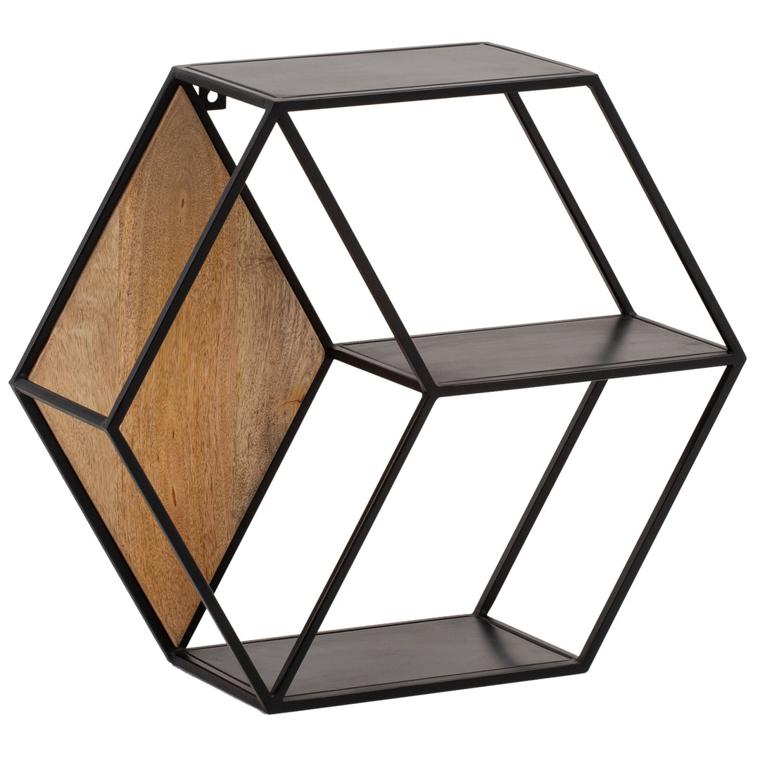Wandregal Mango Massivholz Metall Industrial Stil 60x52x20 cm Sechseckig mit 3 Ablagen