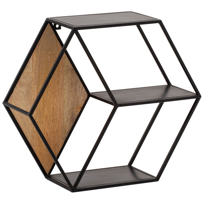Wandregal Mango Massivholz Metall Industrial Stil 60x52x20 cm Sechseckig mit 3 Ablagen