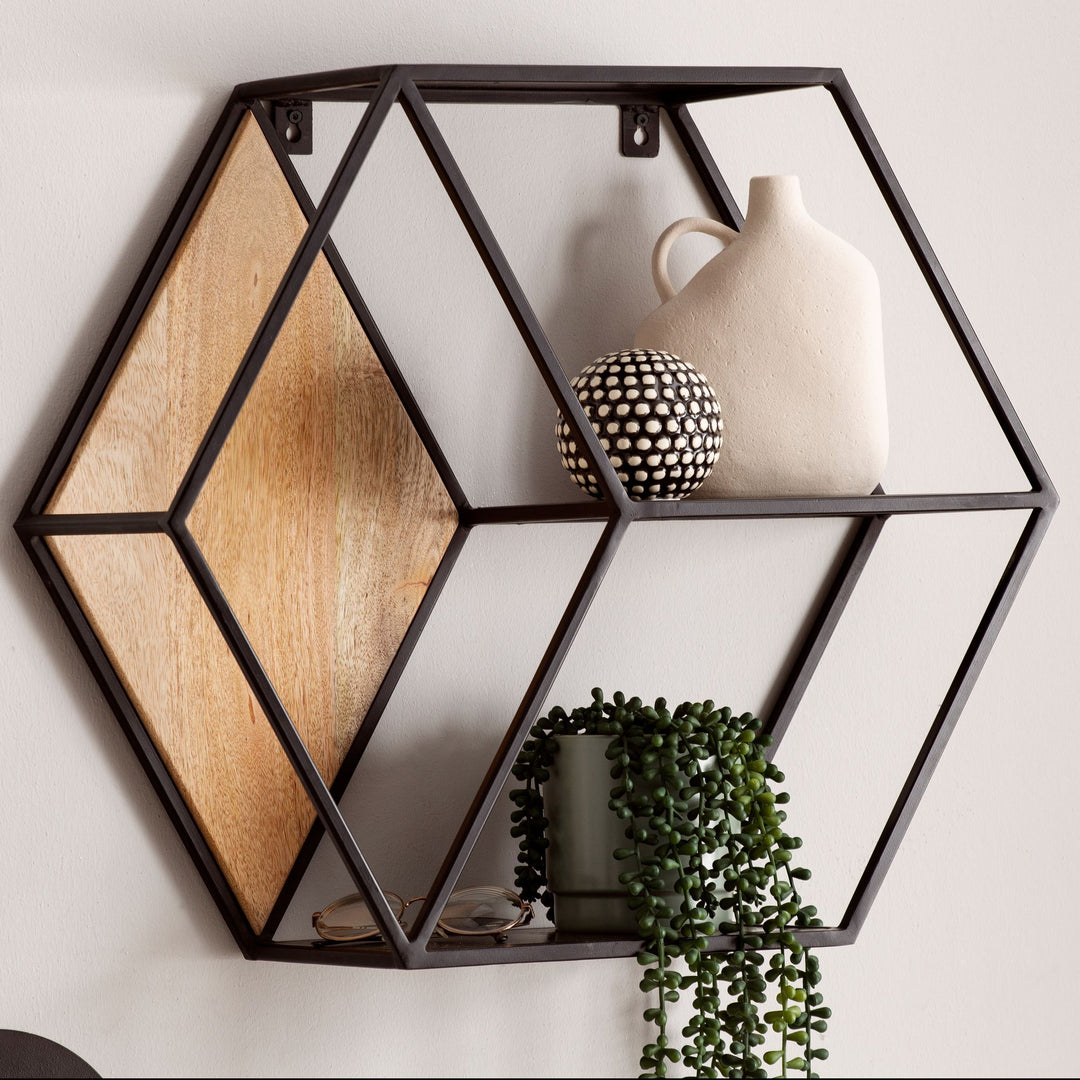 Wandregal Mango Massivholz Metall Industrial Stil 60x52x20 cm Sechseckig mit 3 Ablagen