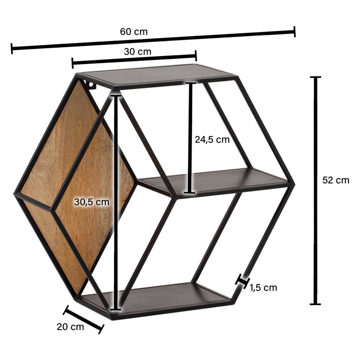 Wandregal Mango Massivholz Metall Industrial Stil 60x52x20 cm Sechseckig mit 3 Ablagen