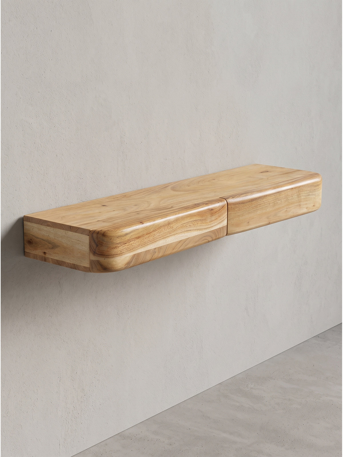 Frontale Ansicht des Wandregals aus Akazienholz 80x20 cm mit zwei bündig integrierten Schubladen ohne sichtbare Griffe_