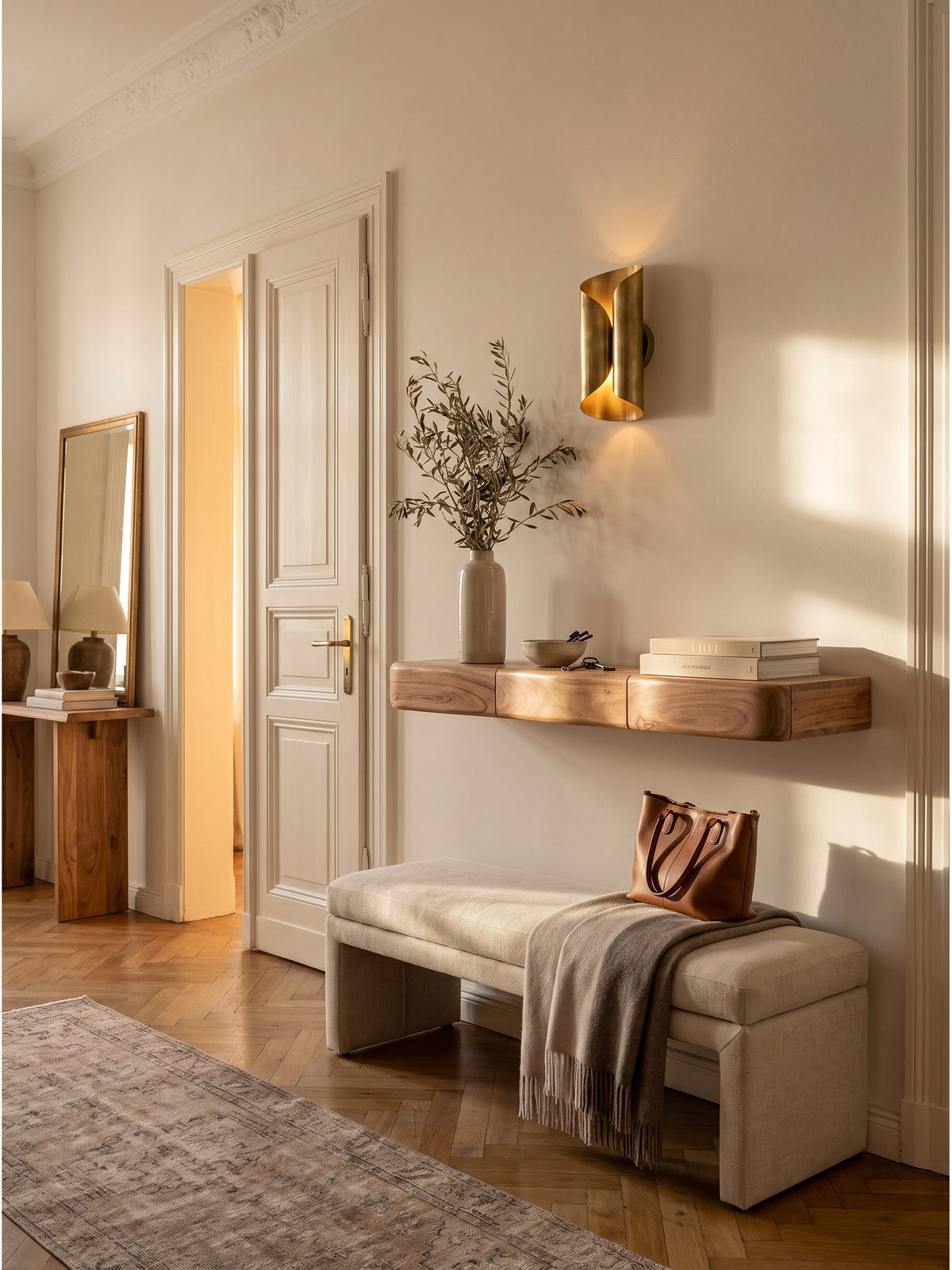 Elegantes Flurmöbel Arrangement mit einem 100cm breiten Akazienholz Wandboard neben einem schlichten Leinensessel und Rattankorb._