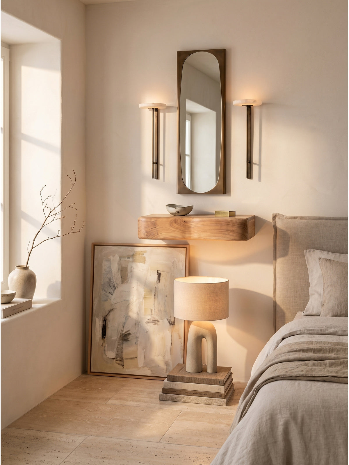 Von schräg oben betrachtet zeigt das 40x20x8 cm kleine Massivholzregal seine sanft abgerundeten Ecken an der Wand im Eingangsbereich, bestückt mit einer stilvollen Keramikschale.