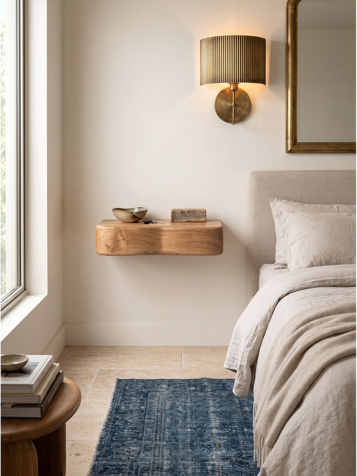 Das kompakte Holzregal mit Ablagefläche ergänzt perfekt einen Leinenhocker und eine schmale Flurgarderobe vor einer dezent strukturierten Wand im Organic-Modern-Stil.