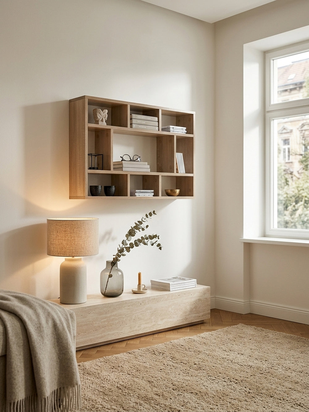 Draufsicht auf die Raumsituation: Das schmale Hängeregal aus Holz fügt sich mit nur 16 cm Tiefe platzsparend in die Wandgestaltung ein. Elegante asymmetrische Fächer für Designobjekte._