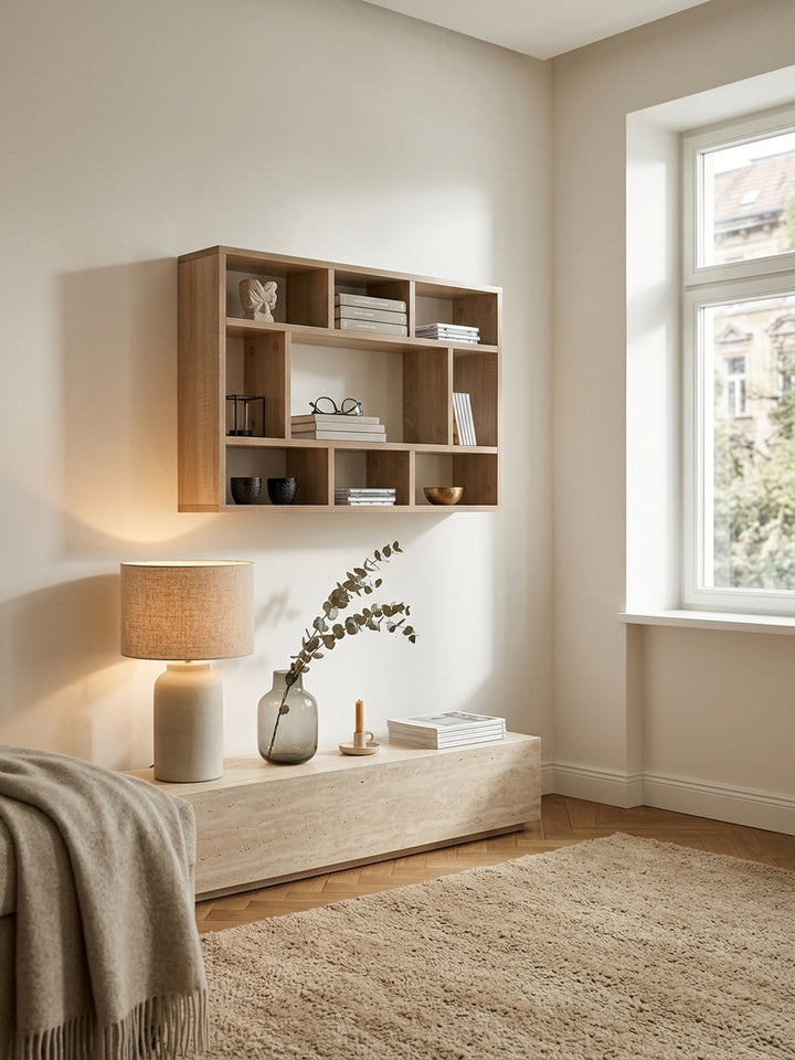 Draufsicht auf die Raumsituation: Das schmale Hängeregal aus Holz fügt sich mit nur 16 cm Tiefe platzsparend in die Wandgestaltung ein. Elegante asymmetrische Fächer für Designobjekte._