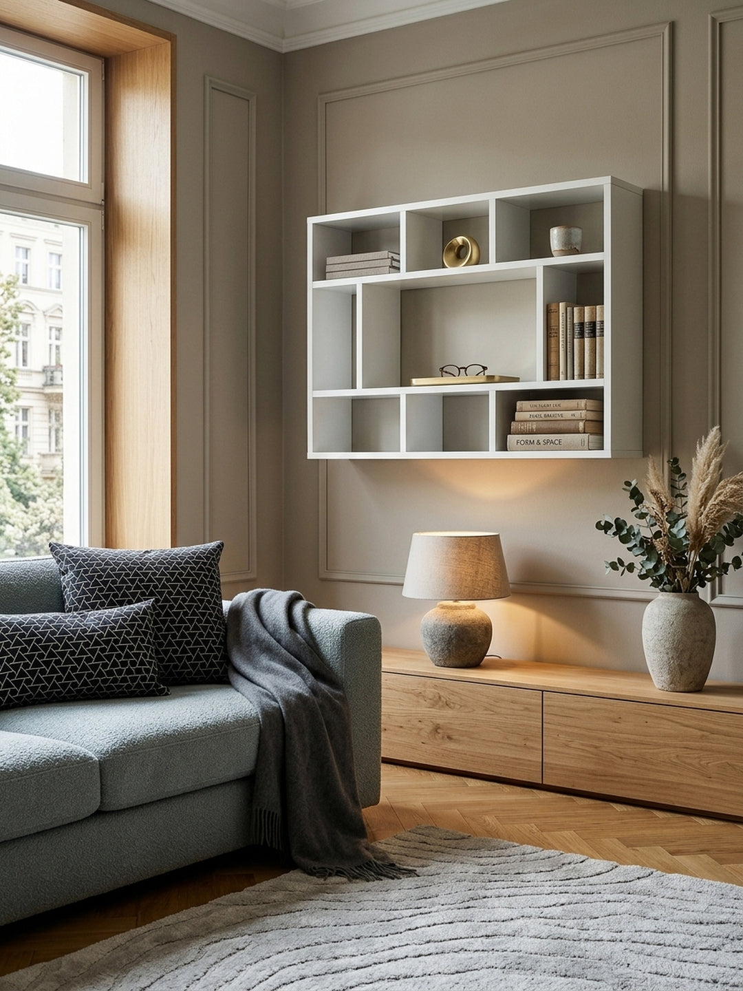 Draufsicht auf das weiße Hängeregal im asymmetrischen Design an der Wohnzimmerwand, zeigt die geringe Tiefe von 16cm, die perfekt für schmale Flure oder gehobene Leseecken geeignet ist._