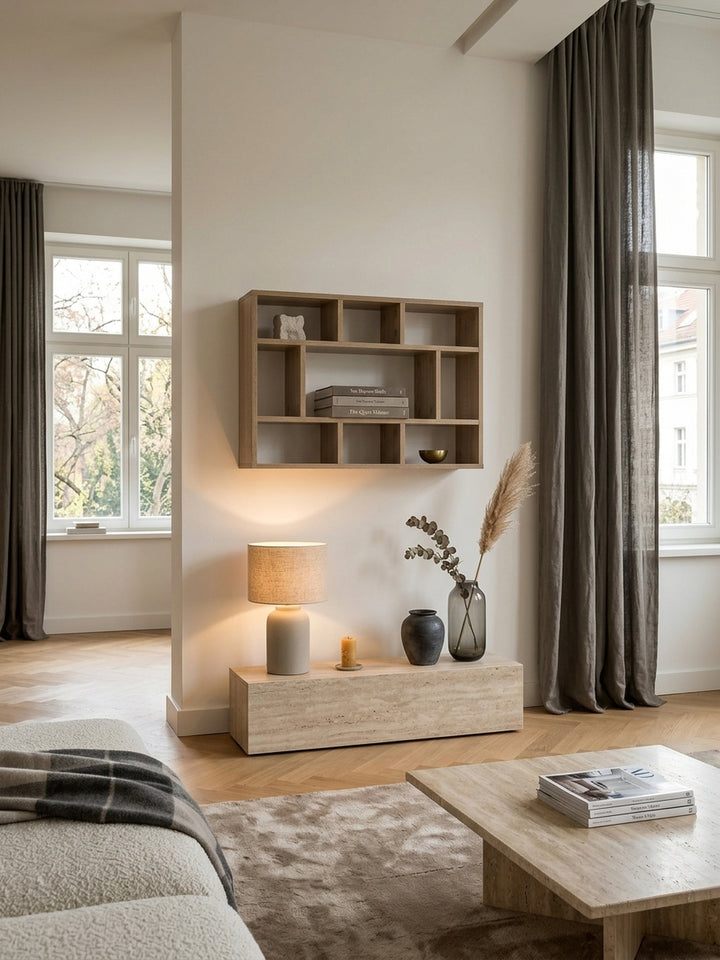 Modernes Wandregal in Sonoma Eiche schwebend im eleganten Wohnzimmer montiert. Das 75x51 cm Holzregal präsentiert stilvoll Bücher und Dekoration über einem Travertin-Sideboard._