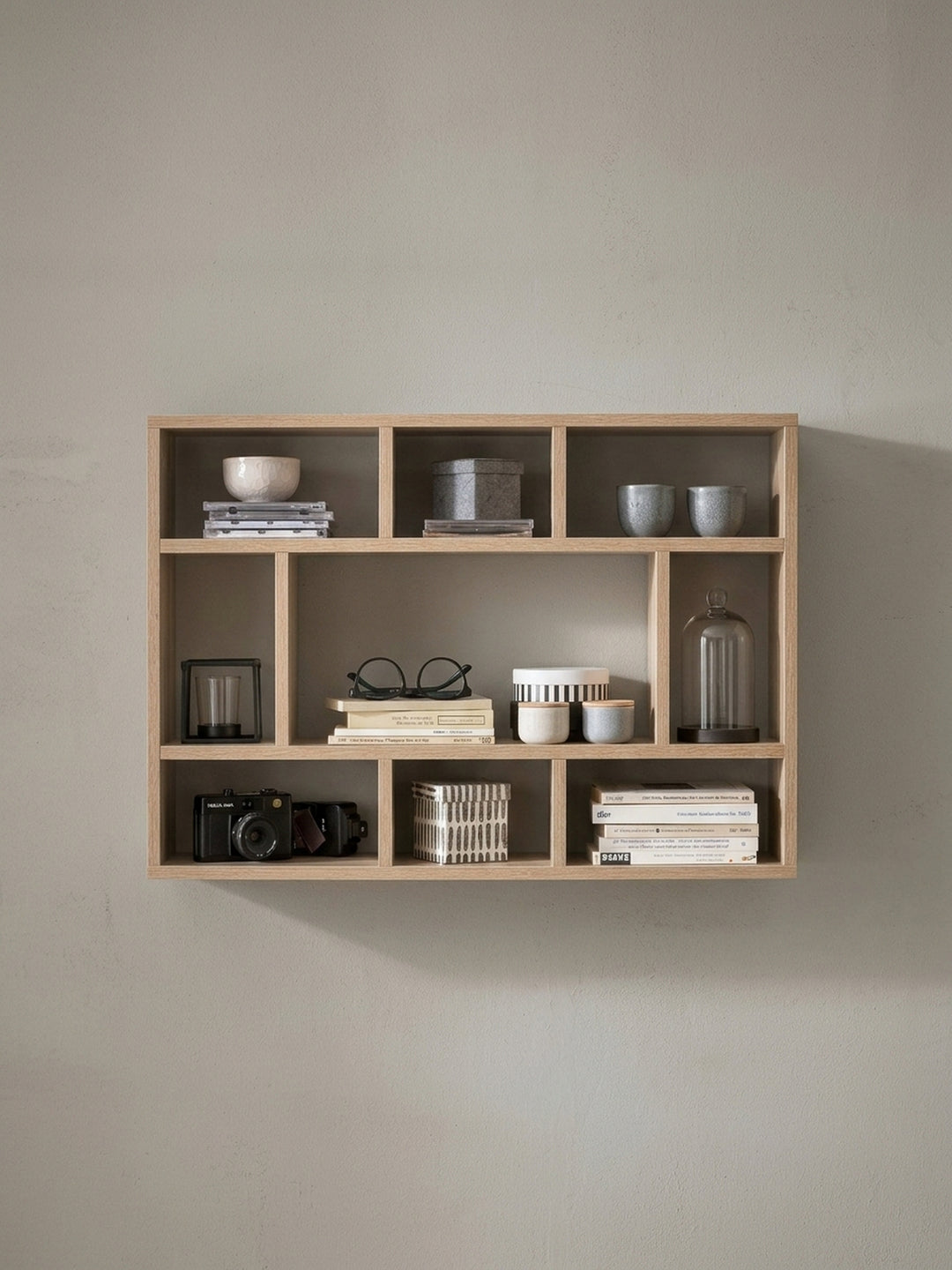 Alternative Winkelaufnahme des Design Wandboards. Die asymmetrische Fächeraufteilung bricht starre Linien auf und macht das Dekoregal zum echten Blickfang an jeder Wohnzimmerwand._