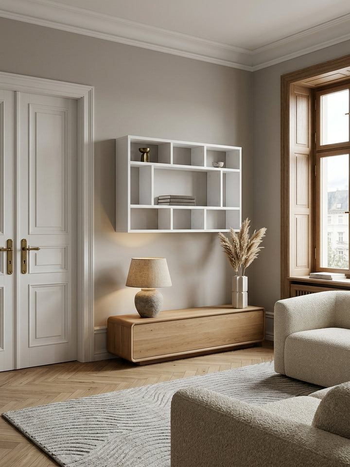Weißes Wandregal 75x51x16 cm im eleganten Wohnzimmer, freischwebend an einer greigefarbenen Wand montiert über einem Eichen-Sideboard mit luxuriöser, minimalistischer Dekoration._