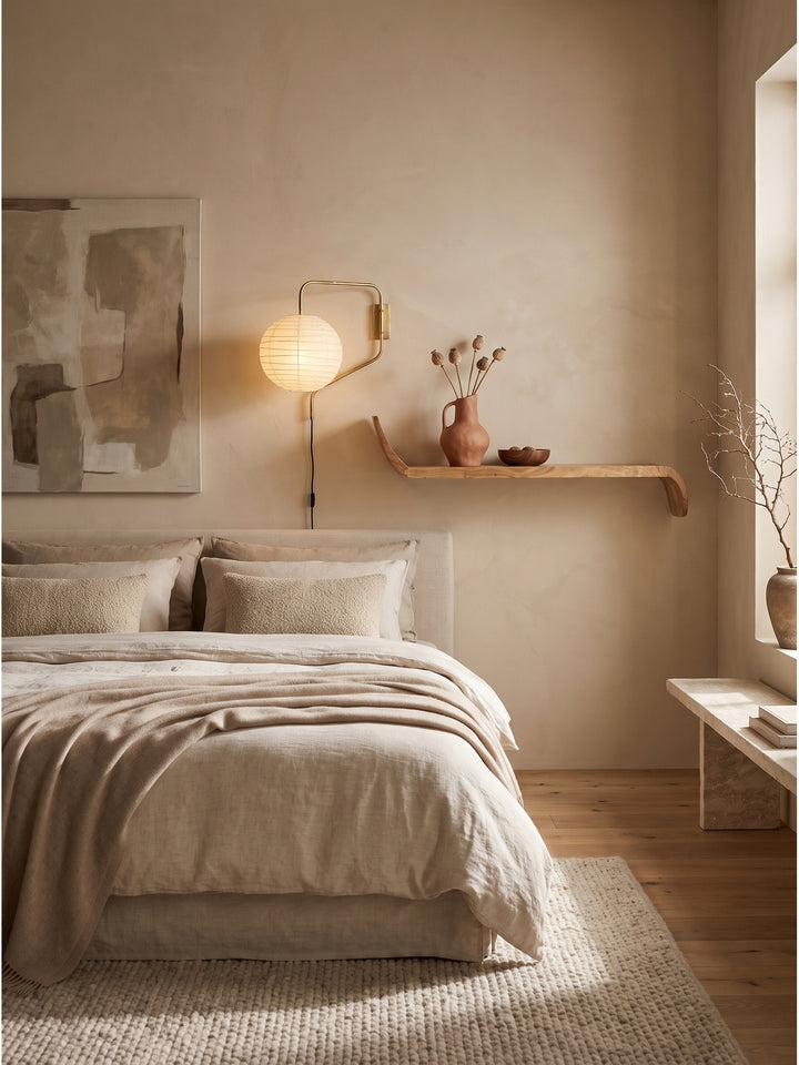 Schwebendes Wandregal aus Mango Massivholz mit geschwungenen Enden im organisch modernen Wohnzimmer an beigefarbener Kalkputz-Wand_