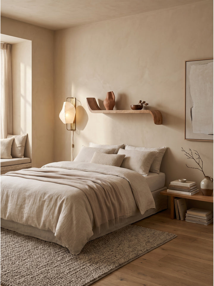 Schwebendes Wandregal aus Mango Massivholz mit geschwungenen Enden im organisch modernen Wohnzimmer an beigefarbener Kalkputz-Wand_