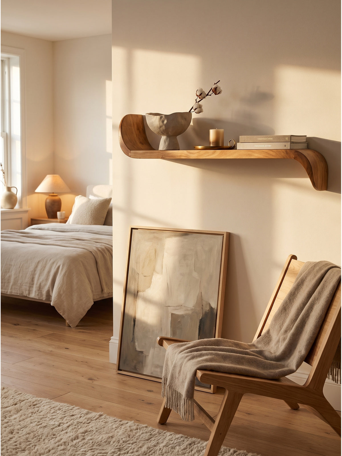 Schwebendes Echtholzregal dekoriert mit handgefertigter Keramikvase und getrocknetem Zweig vor warmer off-white Wand im minimalistischen Raum_