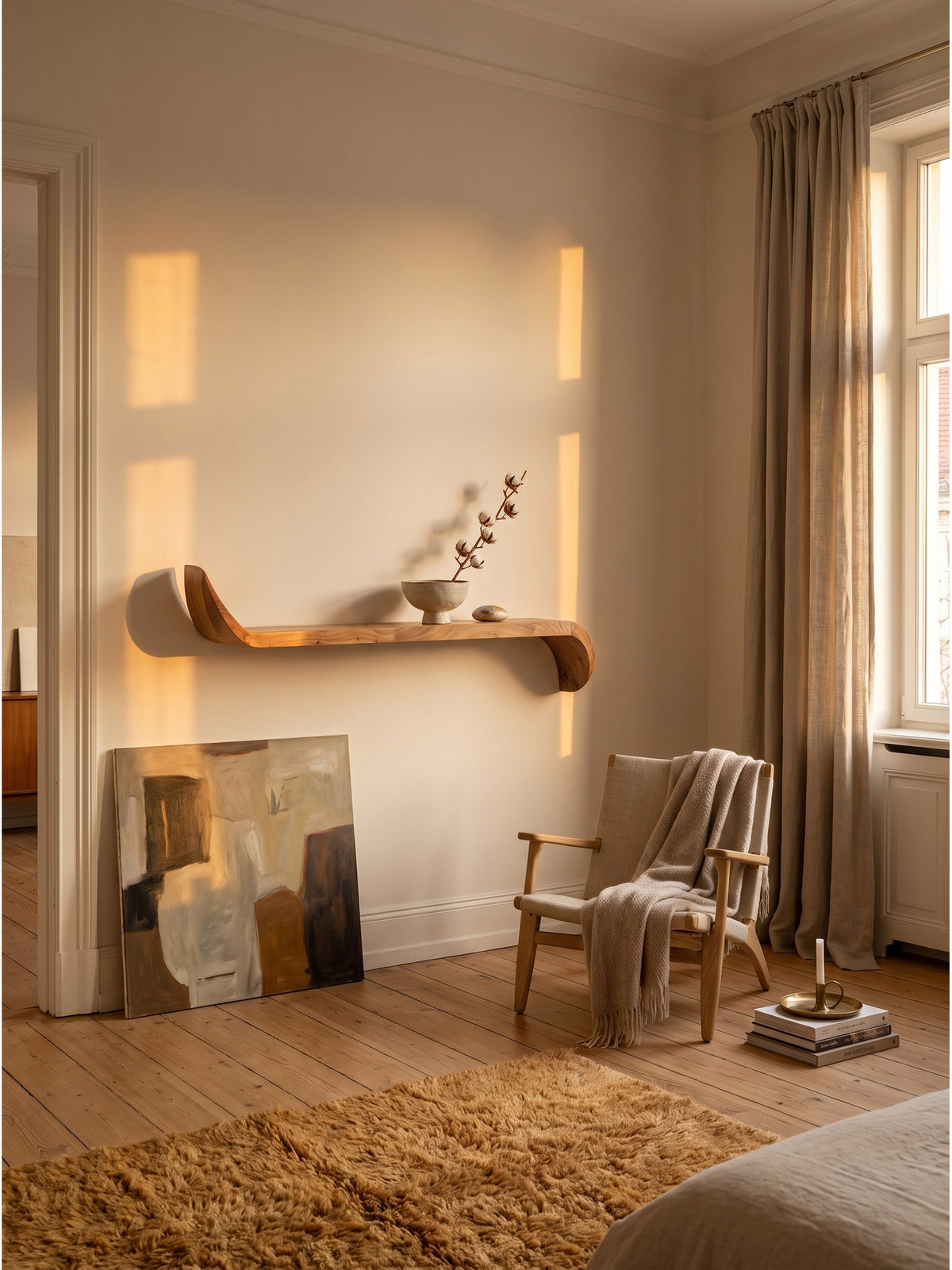 Asymmetrisches Wandregal aus Mango Massivholz 80x36x20 cm an einer kalkgewaschenen Wand im eleganten Wohnzimmer über einem gemütlichen Lesesessel_