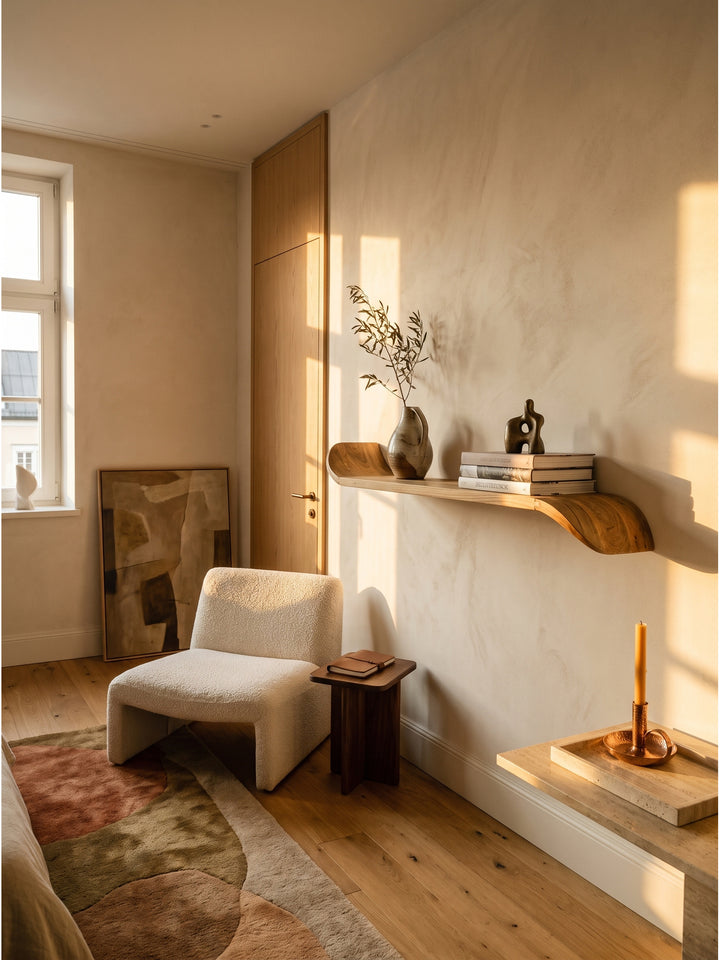 Handgefertigtes Wandregal aus massivem Mangoholz an einer kalkgewaschenen Wand im organisch modernen Wohnzimmer._
