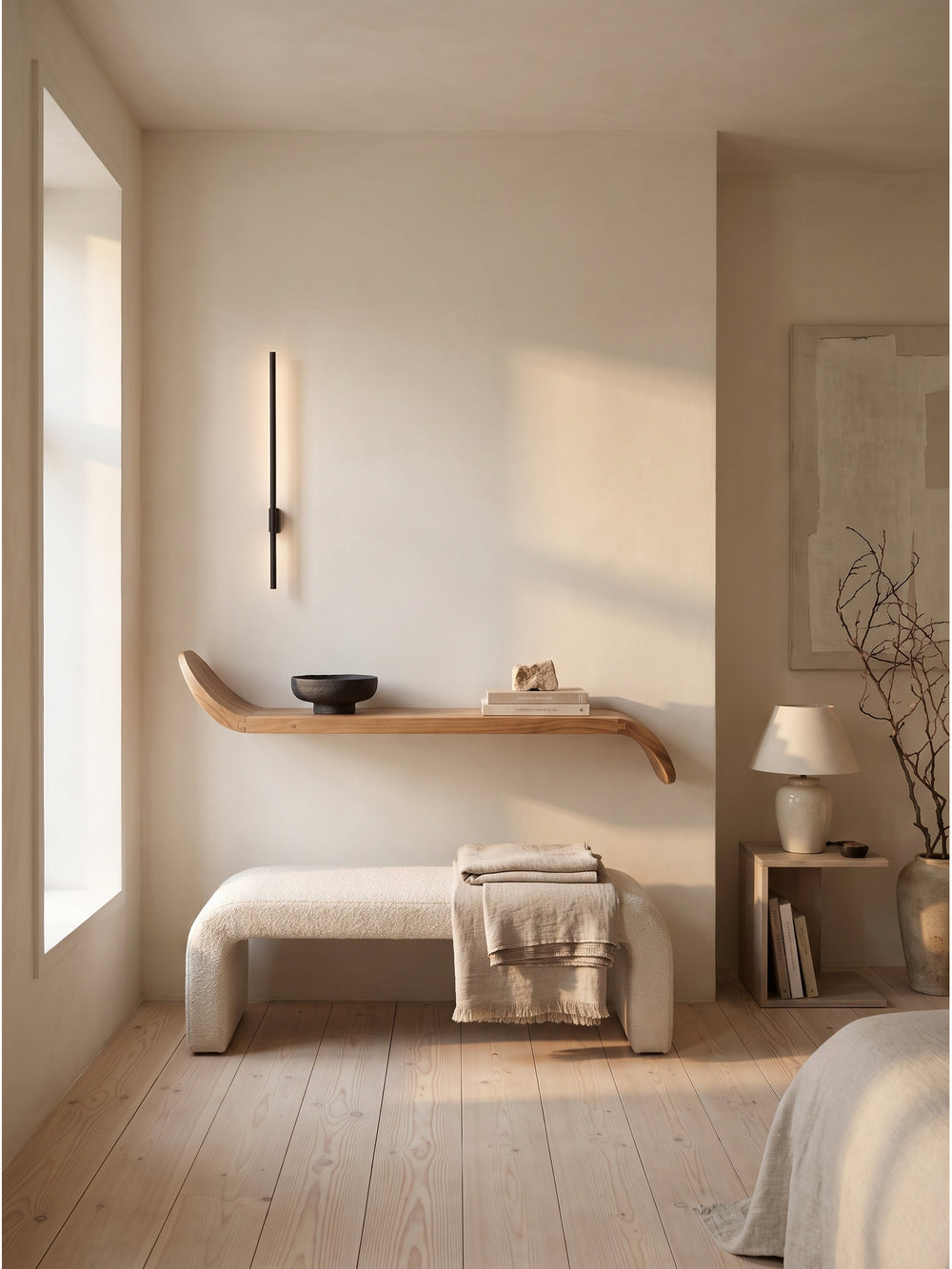 Schwebendes Wandregal aus Mango Massivholz mit geschwungenen Enden 100x20x36 cm im minimalistischen Japandi Wohnzimmer an einer gekalkten Wand_