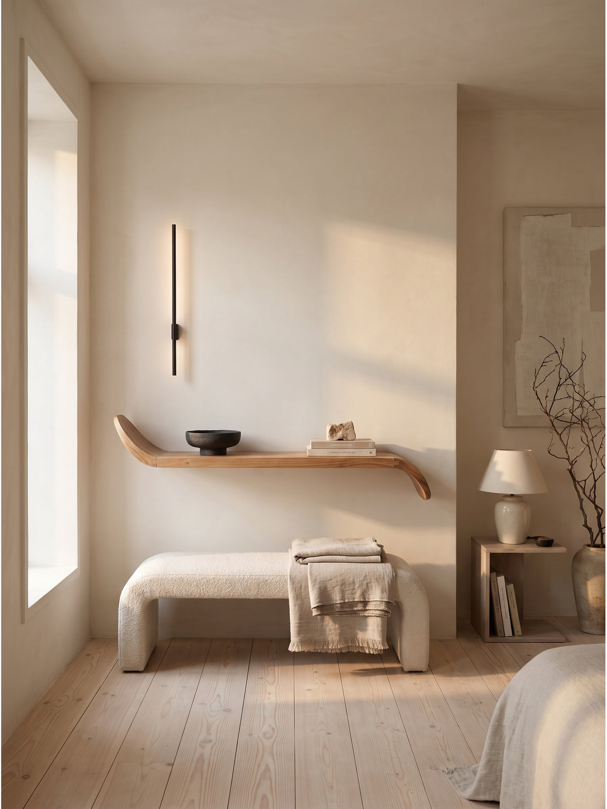 Schwebendes Wandregal aus Mango Massivholz mit geschwungenen Enden 100x20x36 cm im minimalistischen Japandi Wohnzimmer an einer gekalkten Wand_
