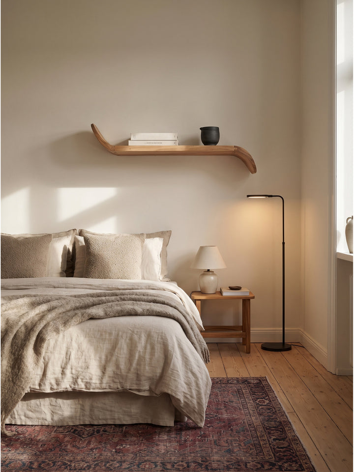 Dekoratives Mango Wandregal stilvoll inszeniert mit Keramikschale und Büchern an einer warmweißen Wand im Flur_