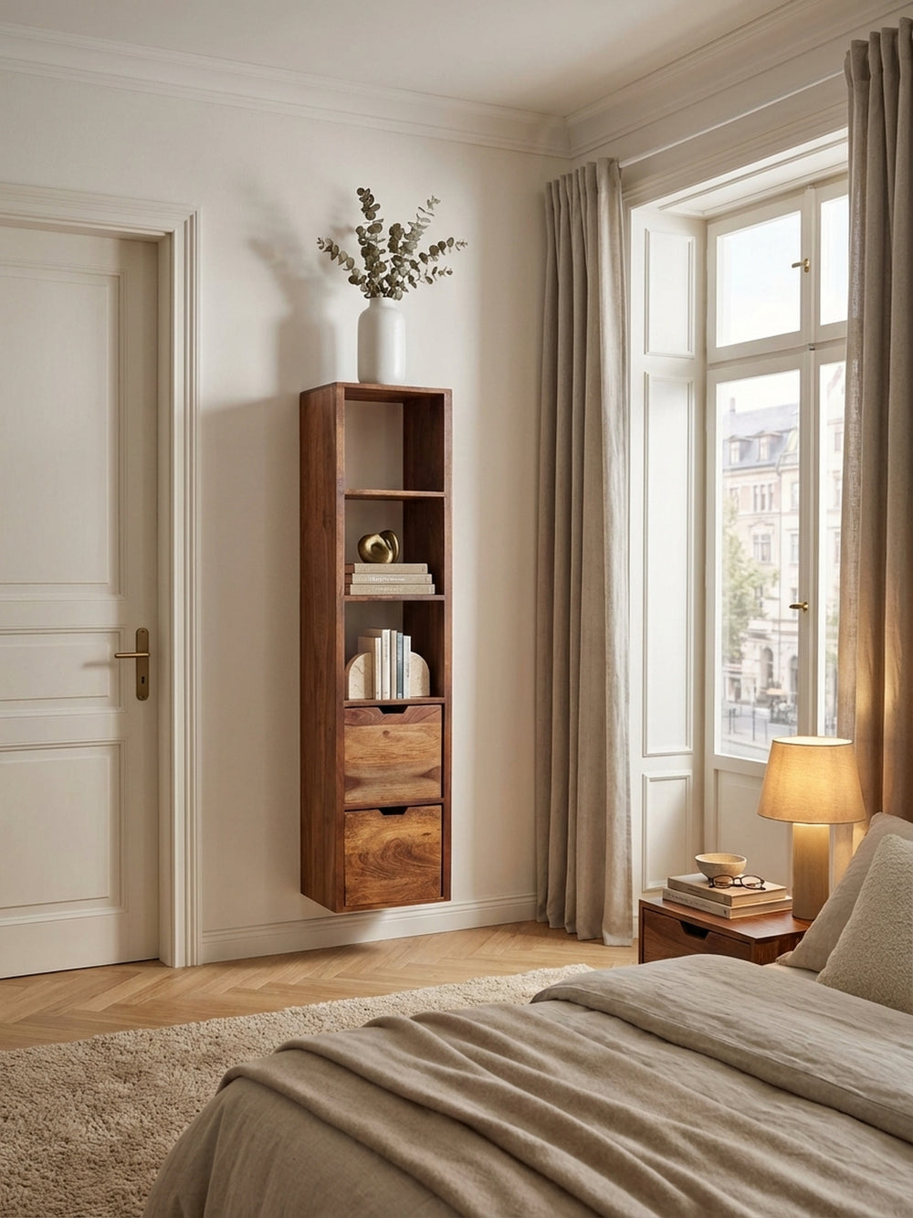 Wandregal Sheesham Massivholz natur 35x30x150 cm in modernem Bibliothek / Lesezimmer Einrichtung Design Möbel mit Schublade hochwertig modern stilvoll einrichten Wohnen Interior Zuhause_