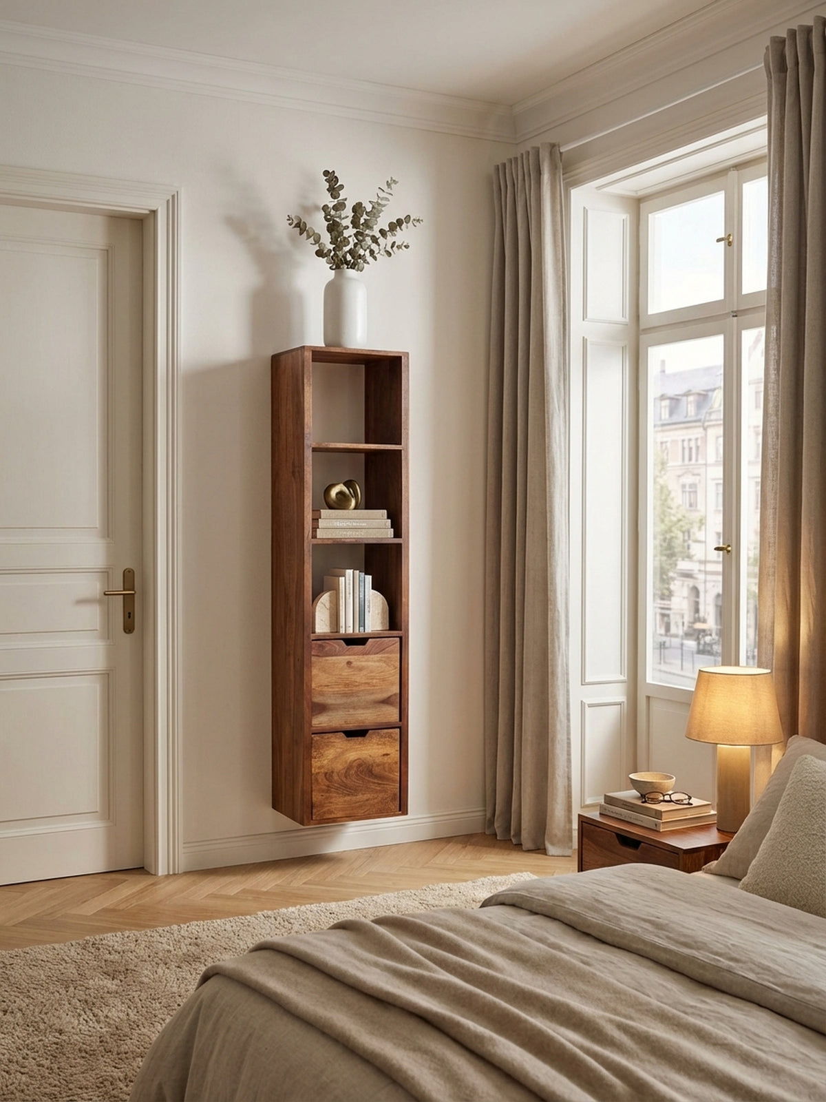 Wandregal Sheesham Massivholz natur 35x30x150 cm in modernem Bibliothek / Lesezimmer Einrichtung Design Möbel mit Schublade hochwertig modern stilvoll einrichten Wohnen Interior Zuhause