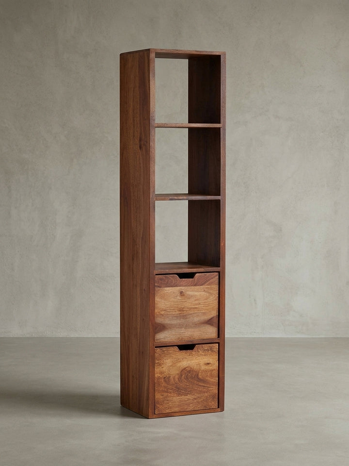 Wandregal aus Sheesham Massivholz natur 35x30x150 cm mit Schublade Design Möbel Einrichtung modern stilvoll robust hochwertig Premium Bibliothek / Lesezimmer Wohnen Interior Zuhause_