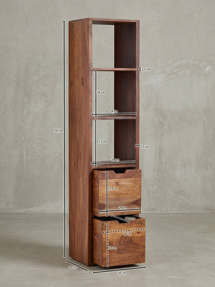 Wandregal Sheesham Massivholz natur Design modern mit Schublade 35x30x150 cm Möbel Einrichtung Bibliothek / Lesezimmer stilvoll zeitgenössisch elegant Wohnen Interior Zuhause Wohnzimmer_