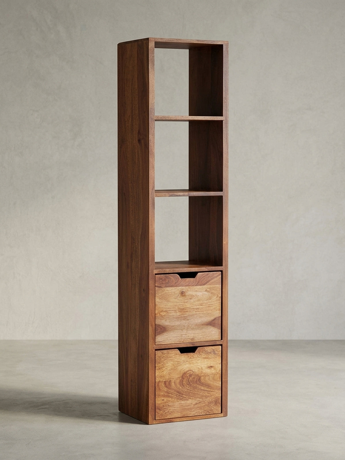 Wandregal Sheesham Massivholz natur 35x30x150 cm mit Schublade für Bibliothek / Lesezimmer Design Möbel modern hochwertig stilvoll robust langlebig Wohnen Einrichtung Interior Zuhause