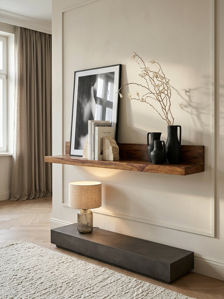 Wandregal Wood aus Massivholz Sheesham_ 140 cm_ nachhaltig_ starke Auflagefläche_ ideal für Wohnräume und Flure_ handgefertigt - KADIMA DESIGN_Größe_ 140x24x17 cm_