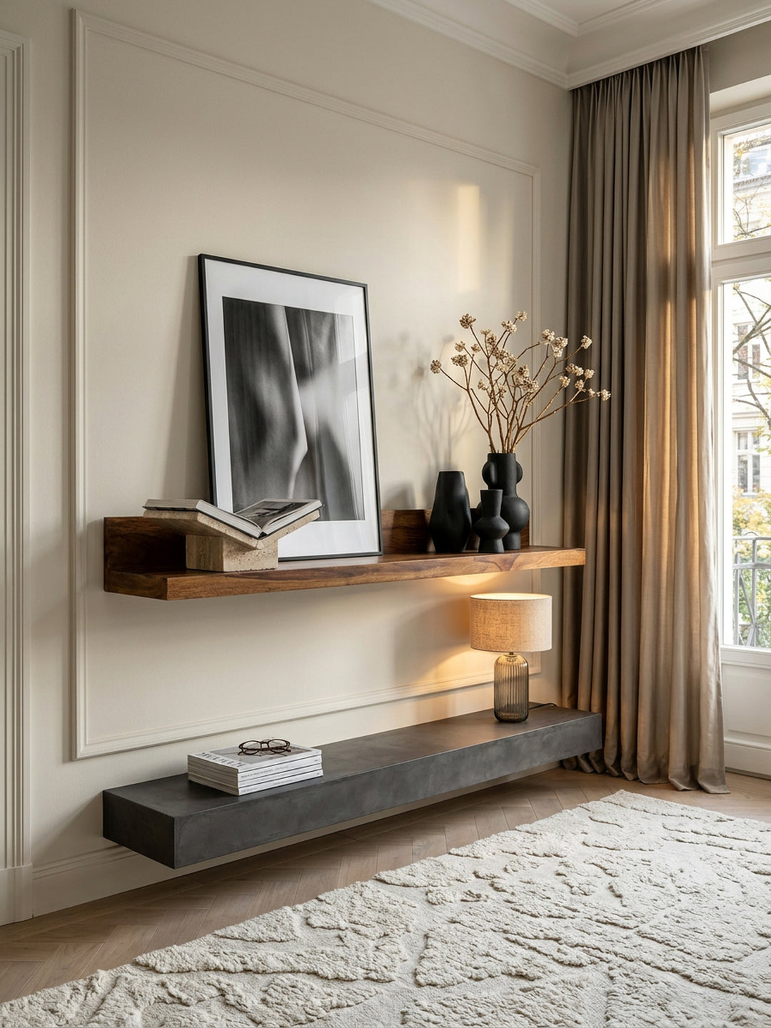 Wandregal Wood aus Massivholz Sheesham_ 140 cm_ nachhaltig_ starke Auflagefläche_ ideal für Wohnräume und Flure_ handgefertigt - KADIMA DESIGN_Größe_ 140x24x17 cm_