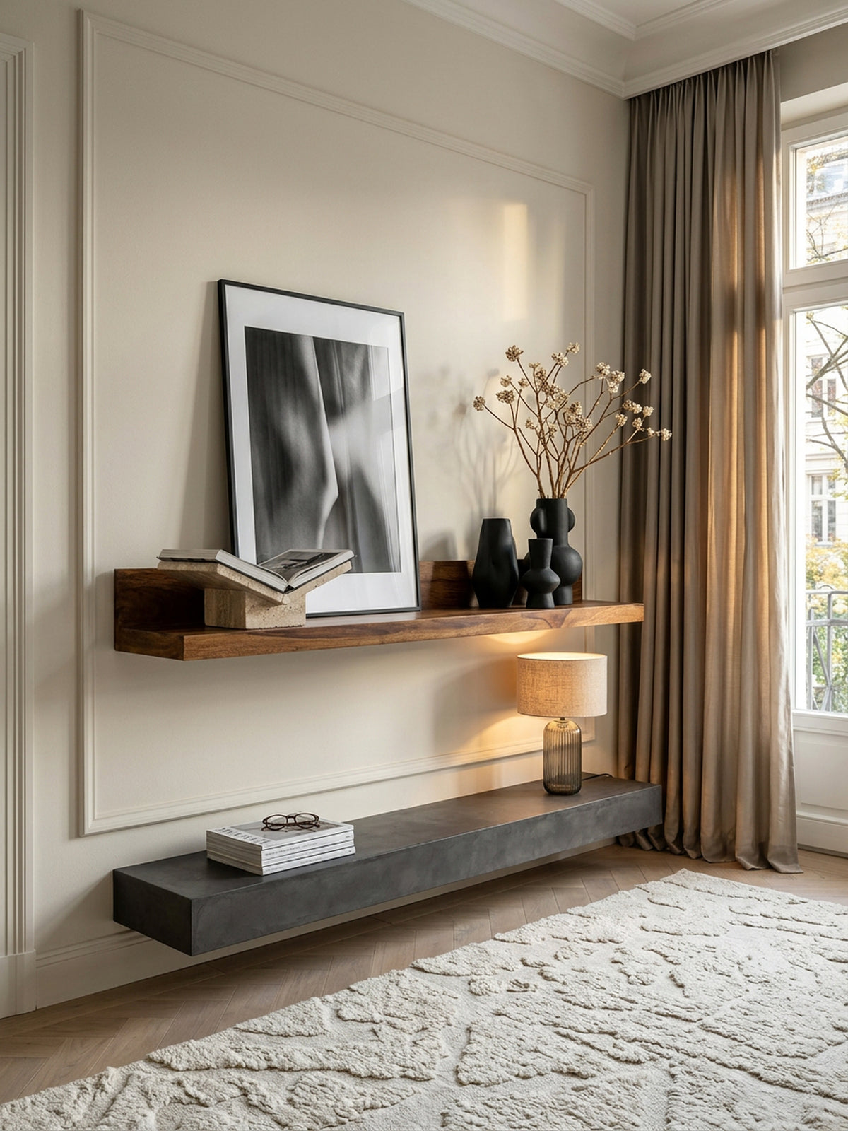 Wandregal Wood aus Massivholz Sheesham_ 140 cm_ starke Auflagefläche_ ideal für Wohnräume und Flure_ handgefertigt - KADIMA DESIGN_Größe_ 140x24x17 cm_