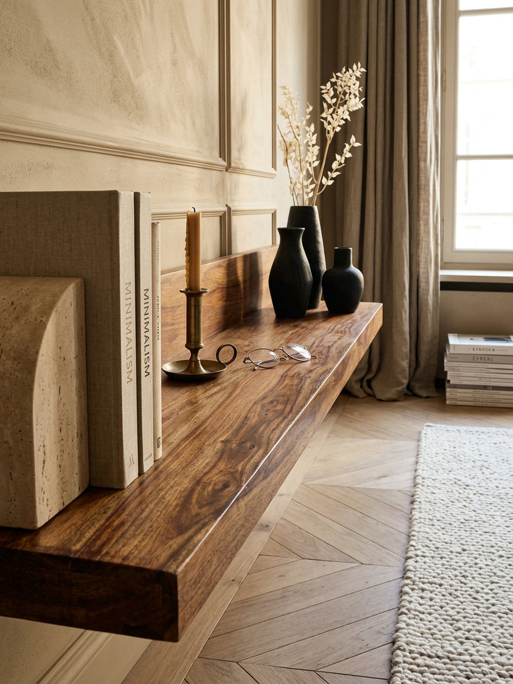 Wandregal Wood aus Massivholz Sheesham_ 140 cm_ nachhaltig_ starke Auflagefläche_ ideal für Wohnräume und Flure_ handgefertigt - KADIMA DESIGN_Größe_ 140x24x17 cm_