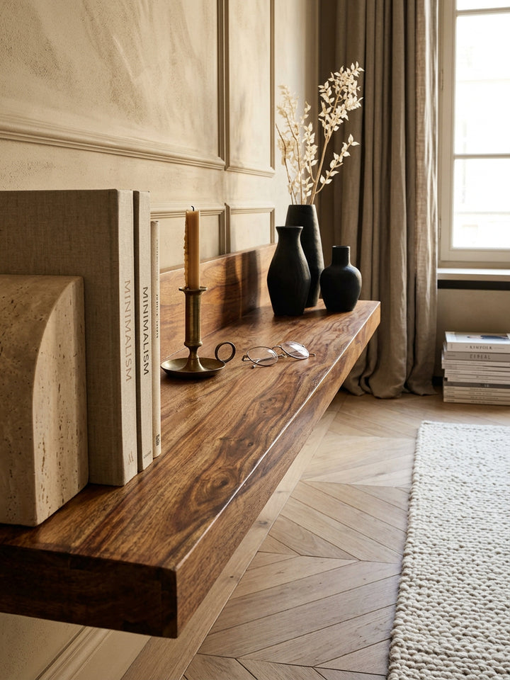Wandregal Wood aus Massivholz Sheesham_ 140 cm_ nachhaltig_ starke Auflagefläche_ ideal für Wohnräume und Flure_ handgefertigt - KADIMA DESIGN_Größe_ 140x24x17 cm_