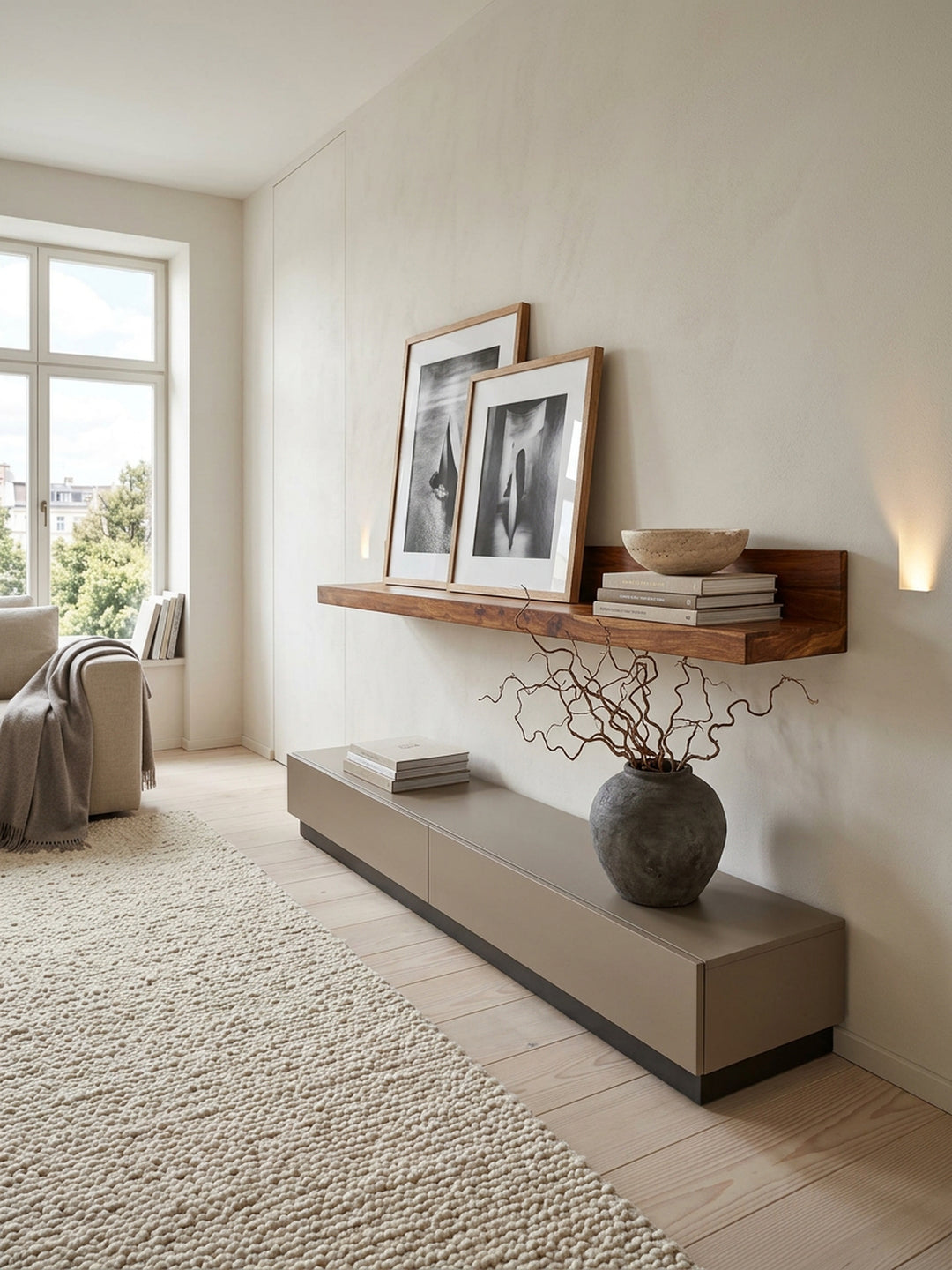 Wandregal Wood aus Massivholz Sheesham_ 140 cm_ nachhaltig_ starke Auflagefläche_ ideal für Wohnräume und Flure_ handgefertigt - KADIMA DESIGN_Größe_ 140x24x17 cm_