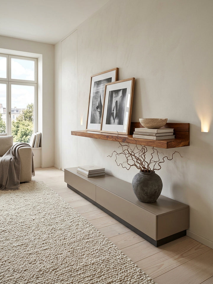 Wandregal Wood aus Massivholz Sheesham_ 140 cm_ nachhaltig_ starke Auflagefläche_ ideal für Wohnräume und Flure_ handgefertigt - KADIMA DESIGN_Größe_ 140x24x17 cm_