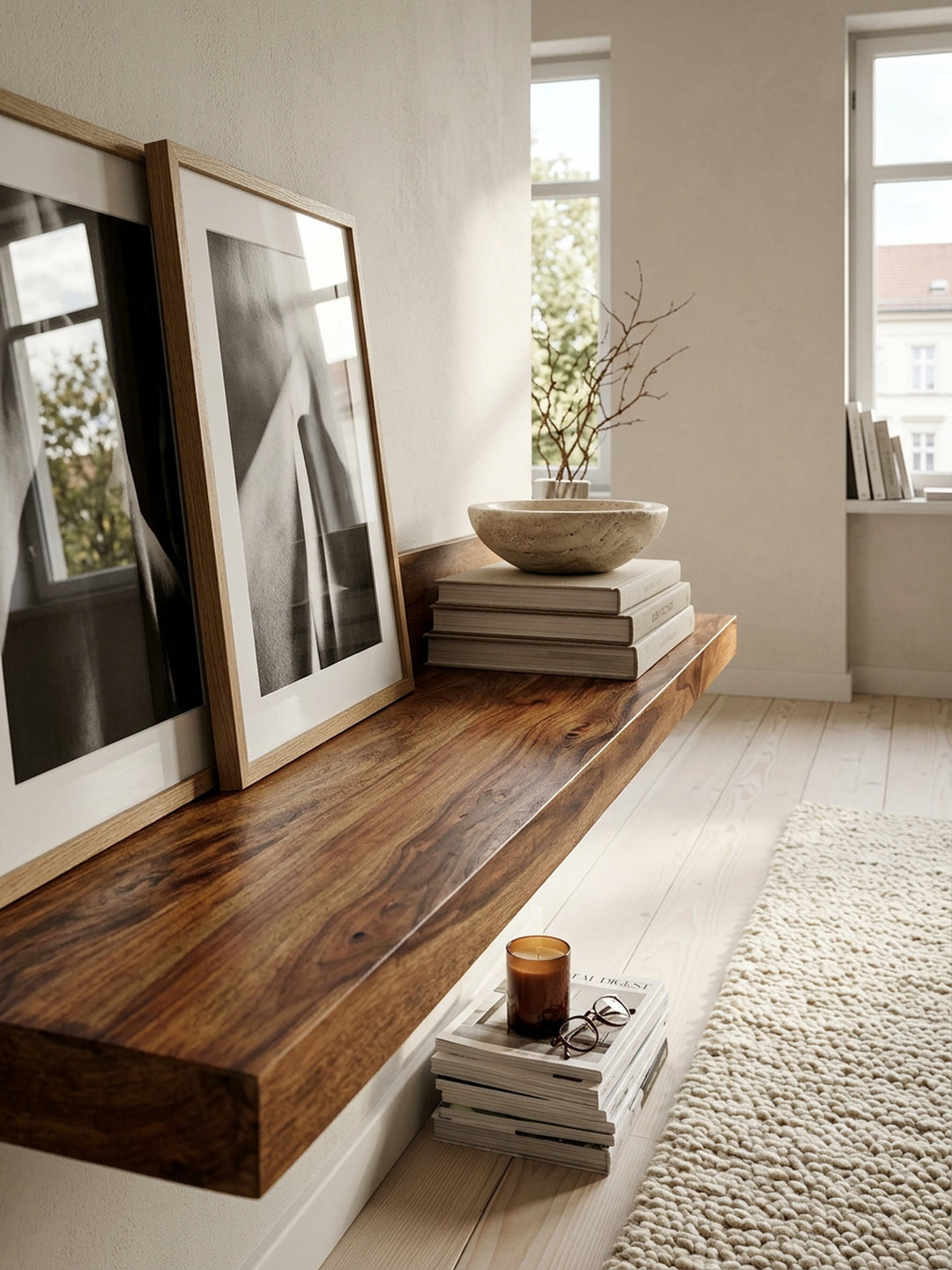 Wandregal Wood aus Massivholz Sheesham_ 140 cm_ nachhaltig_ starke Auflagefläche_ ideal für Wohnräume und Flure_ handgefertigt - KADIMA DESIGN_Größe_ 140x24x17 cm_