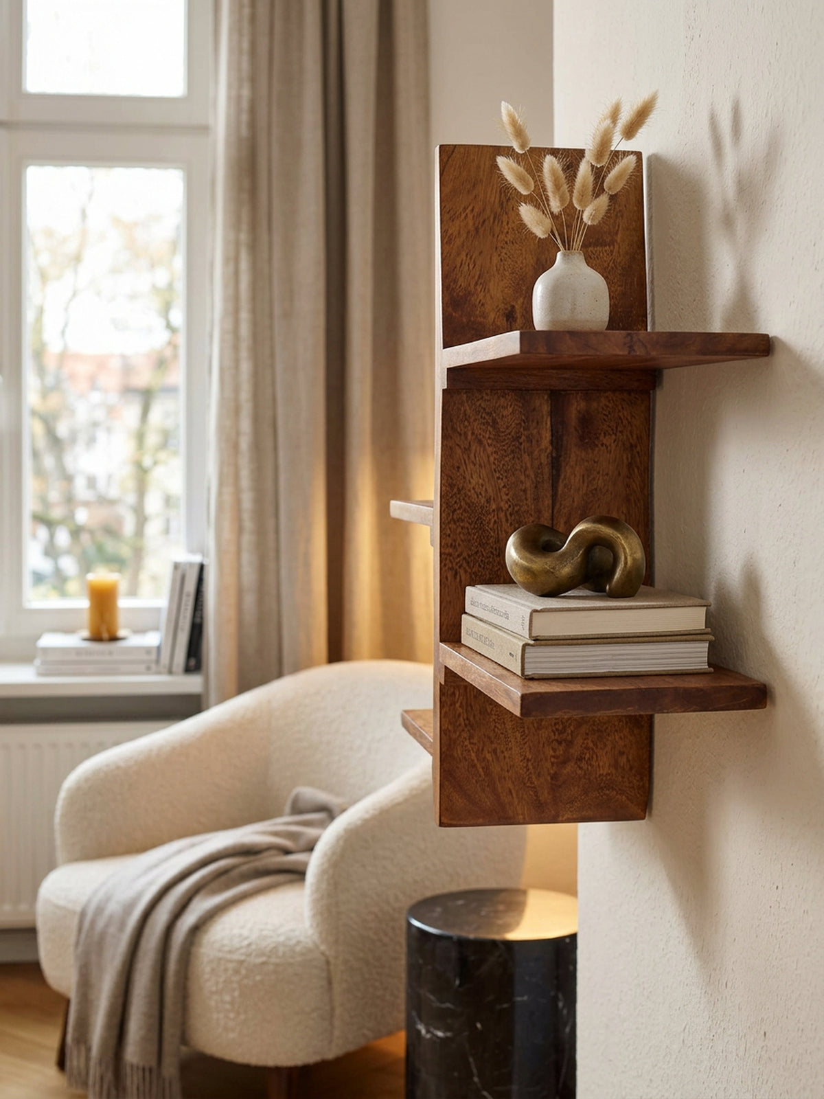 Wandregal Baum-Form  Sheesham Holz  58x60x15 cm  4 Ablageflächen - KADIMA DESIGN Größe  58x15x60 cm