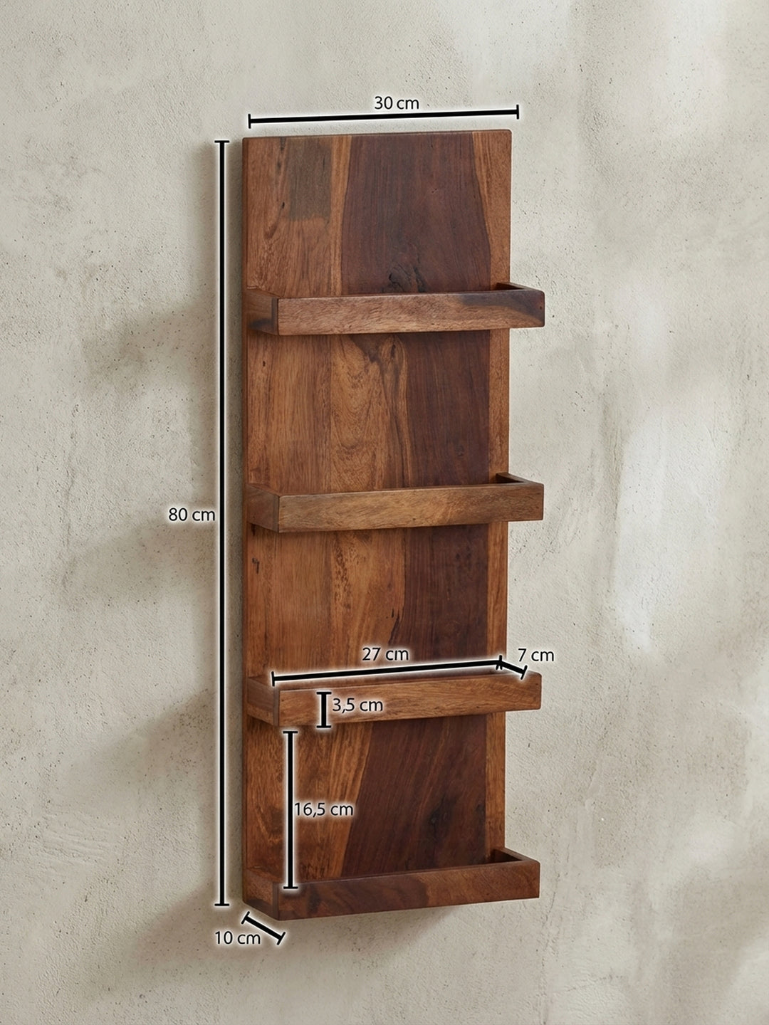 Technische Skizze des Wandregals mit allen Maßen: Höhe 80 cm, Breite 30 cm, Tiefe 10 cm – zur einfachen Planung des Platzbedarfs an der Wand._