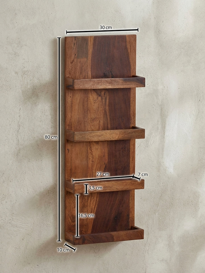 Technische Skizze des Wandregals mit allen Maßen: Höhe 80 cm, Breite 30 cm, Tiefe 10 cm – zur einfachen Planung des Platzbedarfs an der Wand._