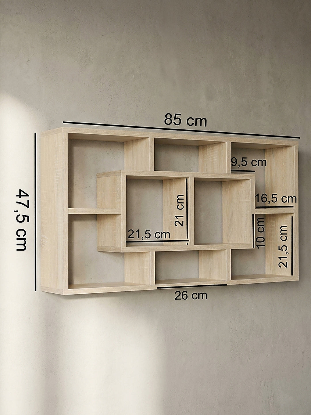 Technische Zeichnung des Wandregals mit genauen Maßangaben von 85 cm Breite und 47,5 cm Höhe für eine optimale Raumplanung an der heimischen Wand_