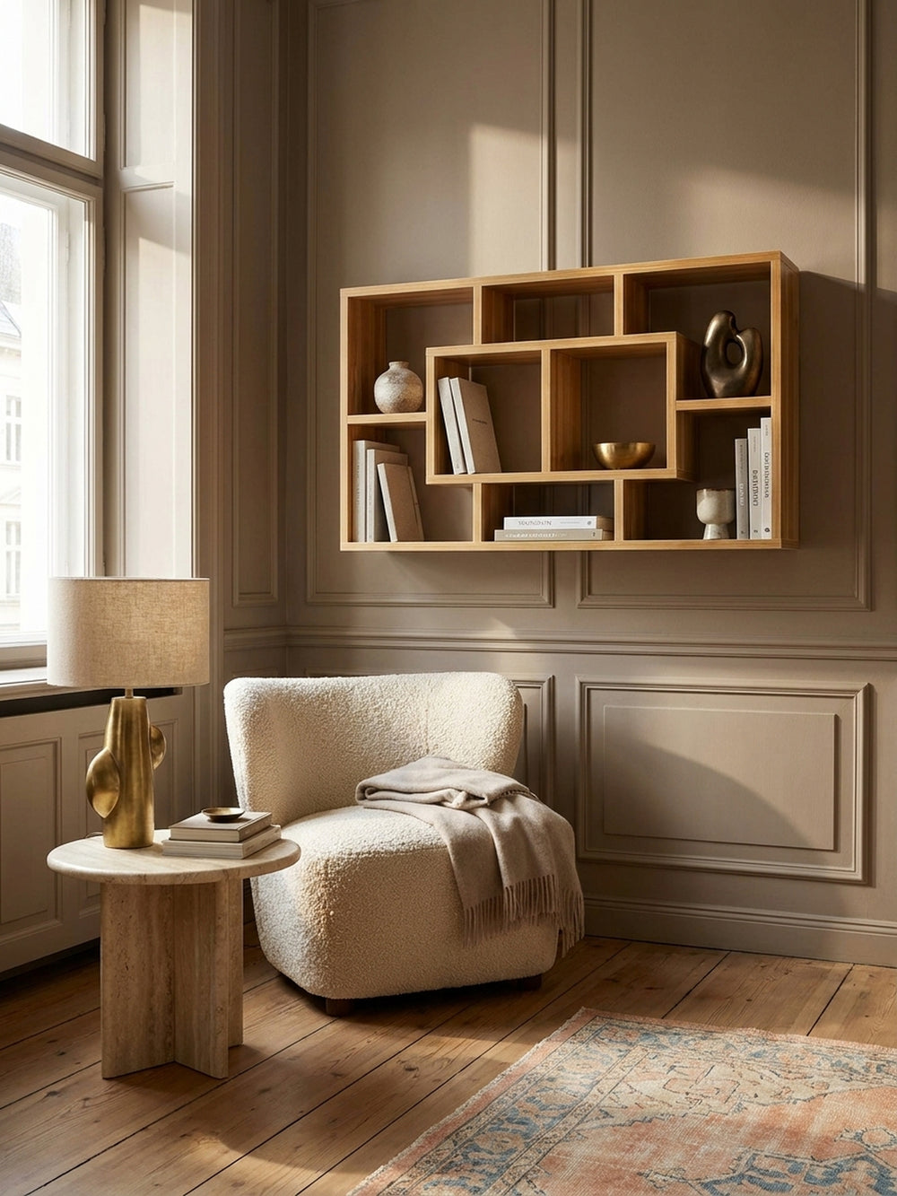 Modernes Holzregal zur Wandmontage kombiniert mit einer dezenten Messing-Wandleuchte über dunklem Eichenparkett im klassischen Flur._