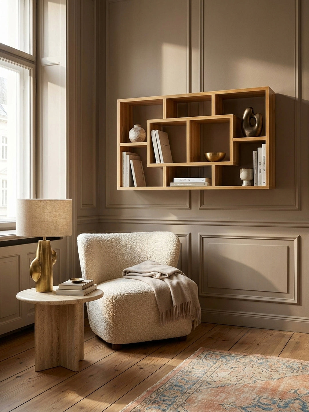 Modernes Holzregal zur Wandmontage kombiniert mit einer dezenten Messing-Wandleuchte über dunklem Eichenparkett im klassischen Flur._