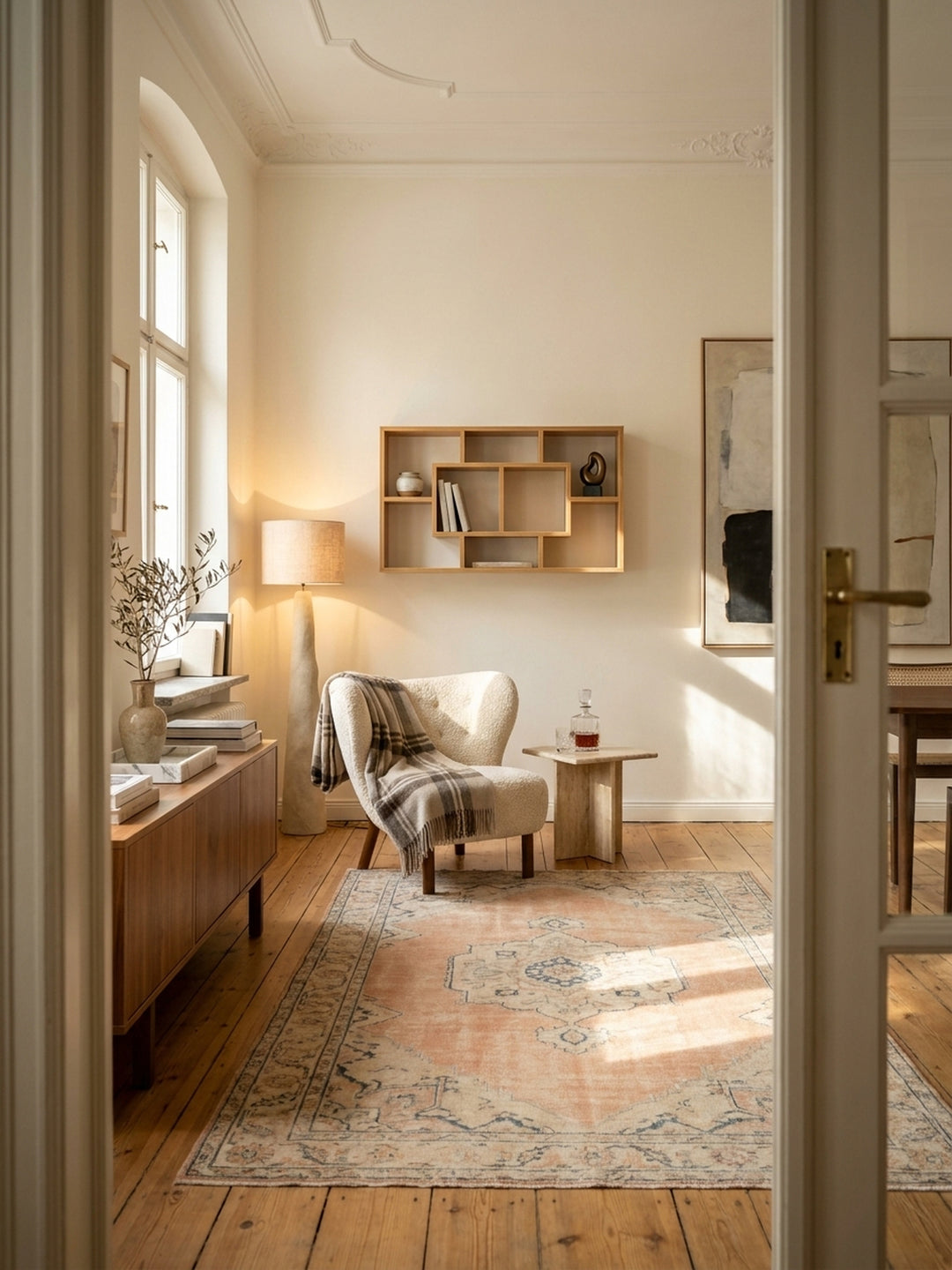 Asymmetrisches Wandregal in heller Buche-Optik 85x48 cm freischwebend montiert im eleganten Wohnzimmer über einem cremefarbenen Sessel._
