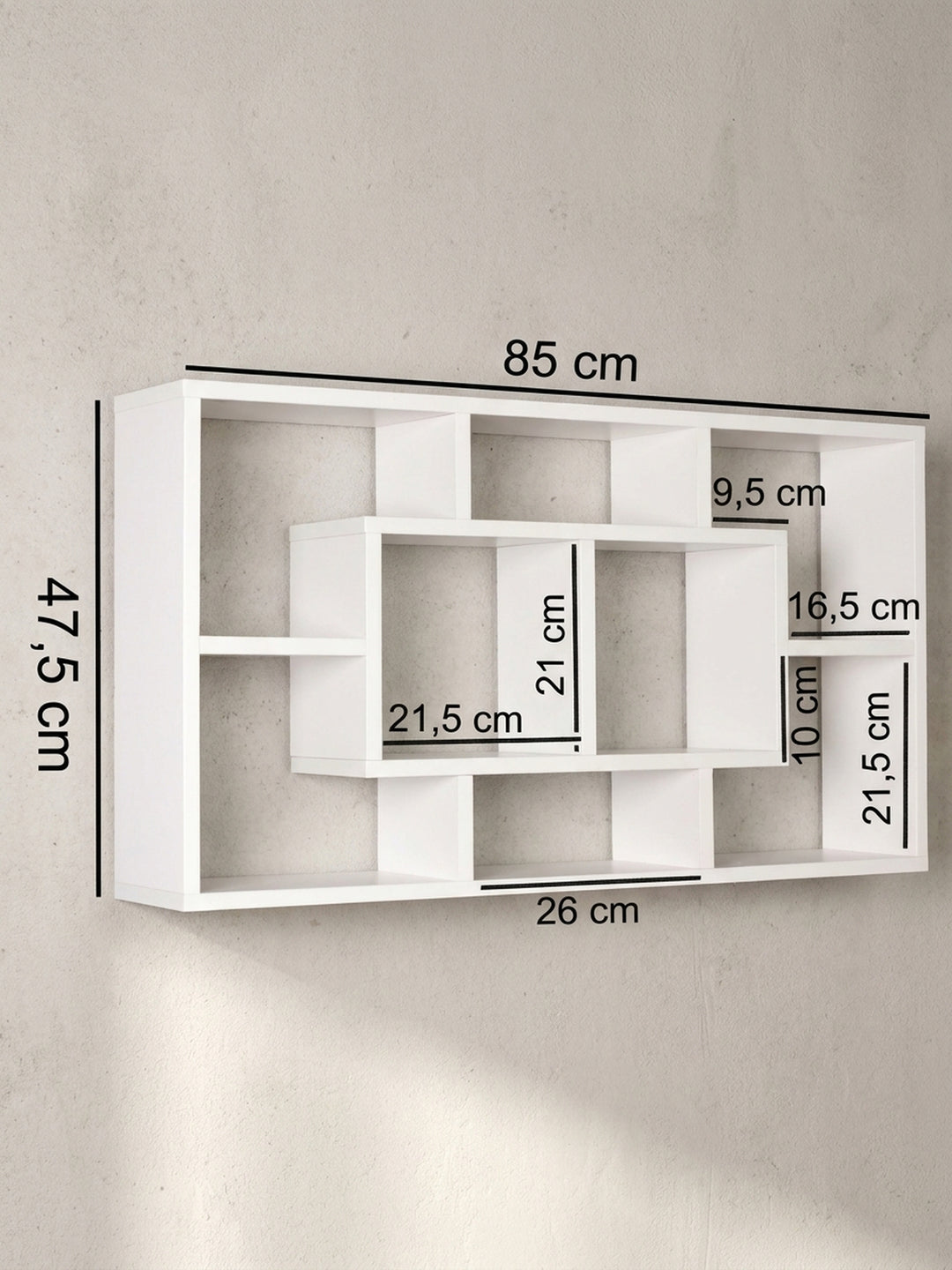 Technische Zeichnung des weißen Hängeregals mit exakten Maßangaben von 85 cm Breite und 47,5 cm Höhe für die Raumplanung_